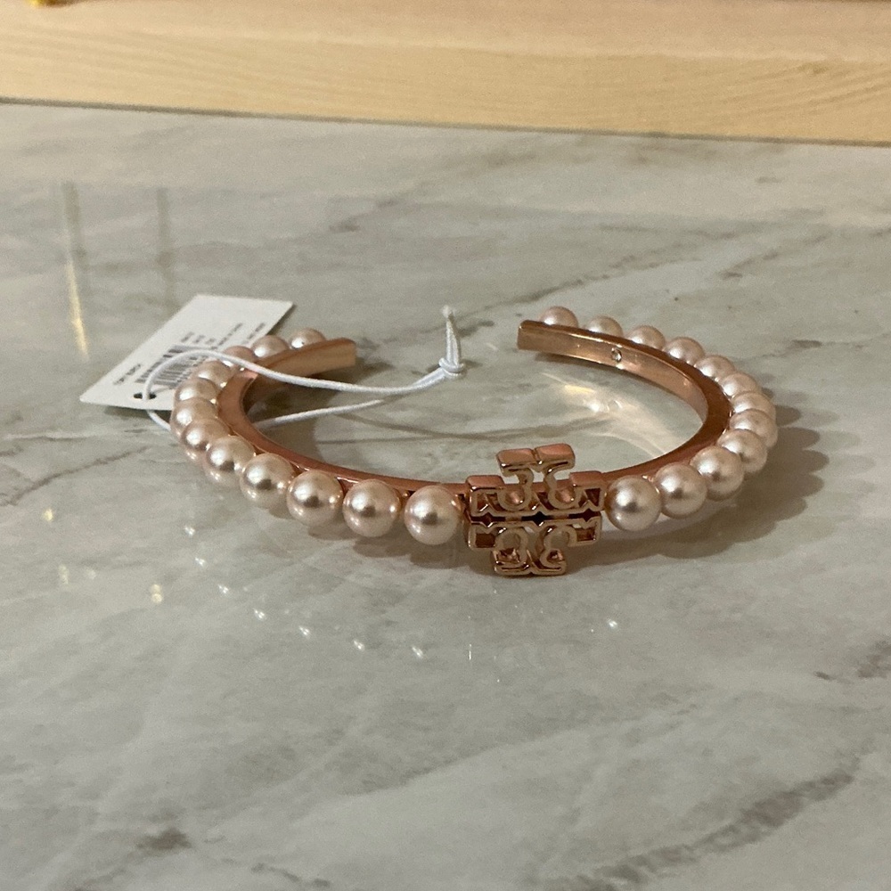 Tory Burch Logo Pearl and Rose Gold Tone Cuff Bracelet - Picture 5 of 6